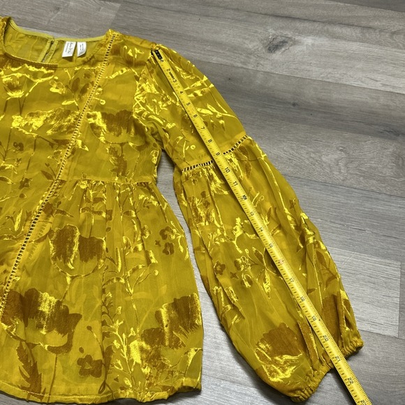 Meadow Rue Anthropologie Mustard Yellow Velvet Sheer Peasant Boho Blouse -Size 4 - Picture 5 of 7